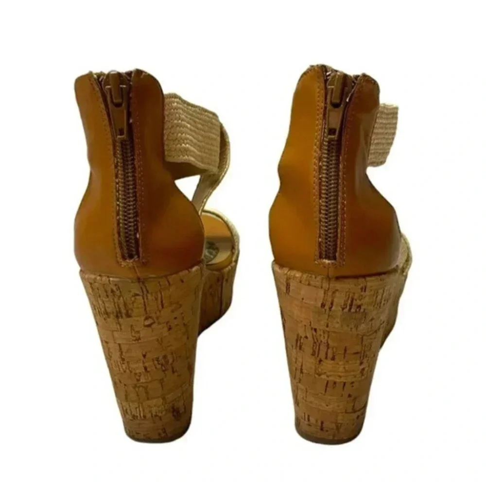 Steve‎ Madden Elwyn Platform Wedge Sandal 10 Tan Cork Leopard Print Strappy Zip